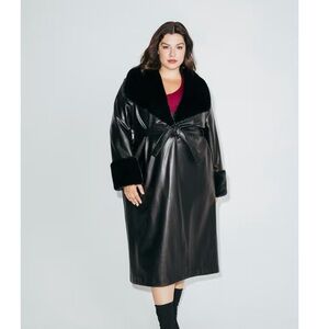 Hilary Macmillan Black Faux Fur Trimmed Women's Vegan Leather Trench-coat